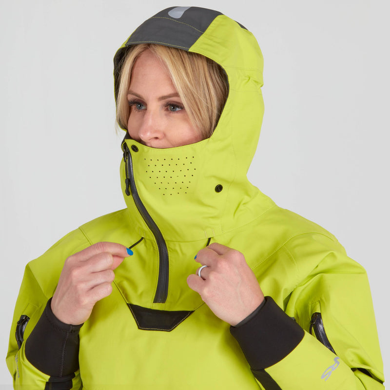 Load image into Gallery viewer, NRS Orion Trockenjacke Damen in Lime Kopf Detailaufnahme