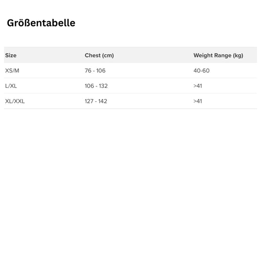 NRS Größentabelle Schwimmweste Oso/Clearwater