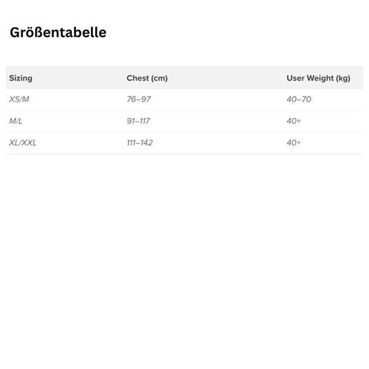 NRS-Schwimmwesten Größentabelle