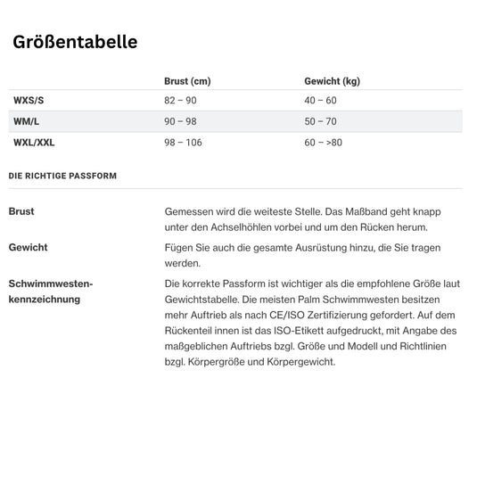 Palm Schwimmwesten Größentabelle Damen