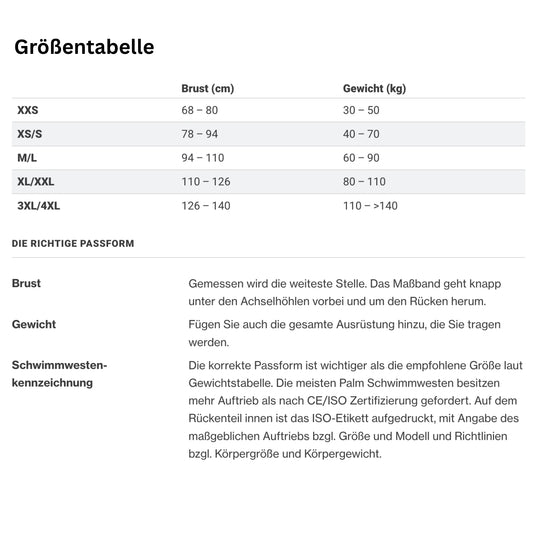 Palm Schwimmwesten Größentabelle Herren